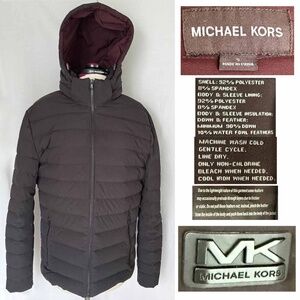 MICHAEL KORS Men Small Brown Insulated Down Quilted Full Zip Hood Puffer Jacket